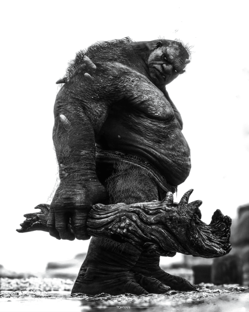 Fan art, detailed black and white rendering of troll from Hogwarts Legacy